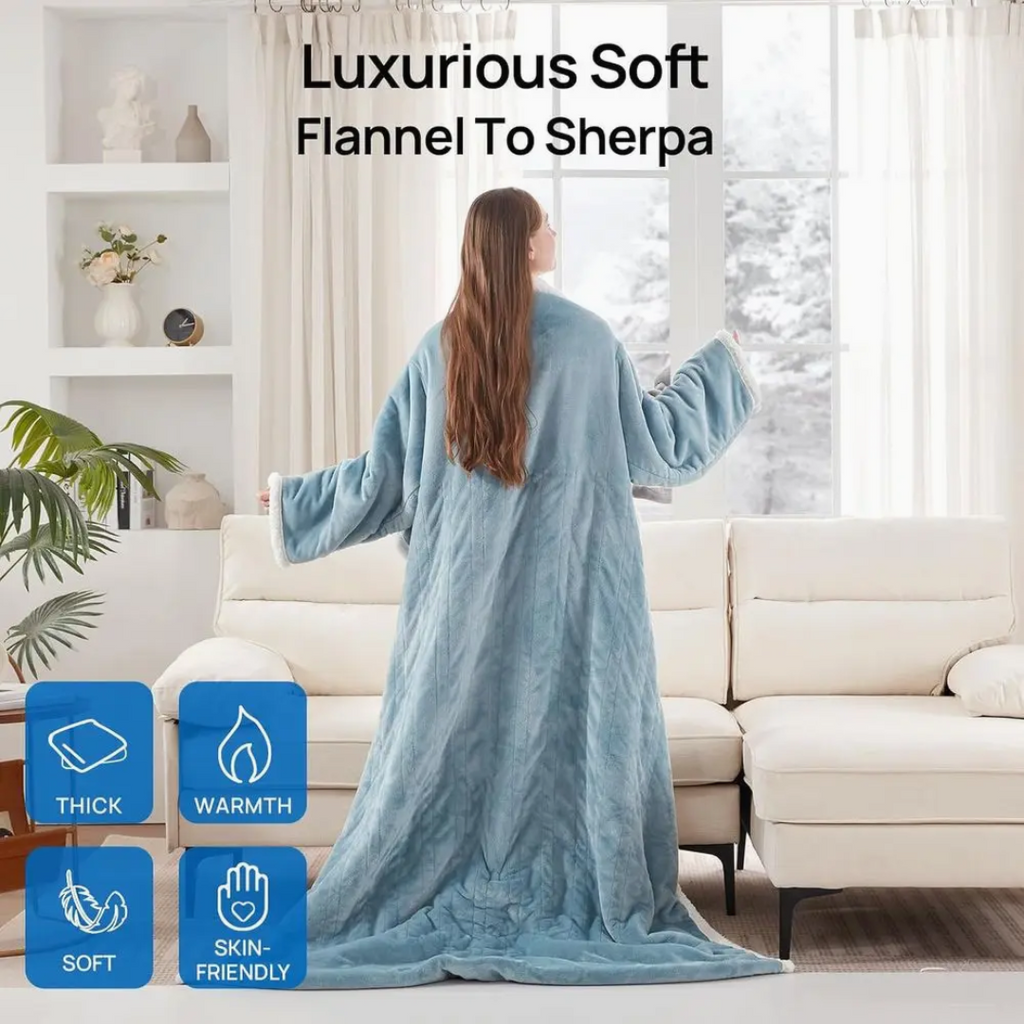 Ultra-Soft Wearable Blanket with Sleeves & Foot Pocket – 6 Heat Levels