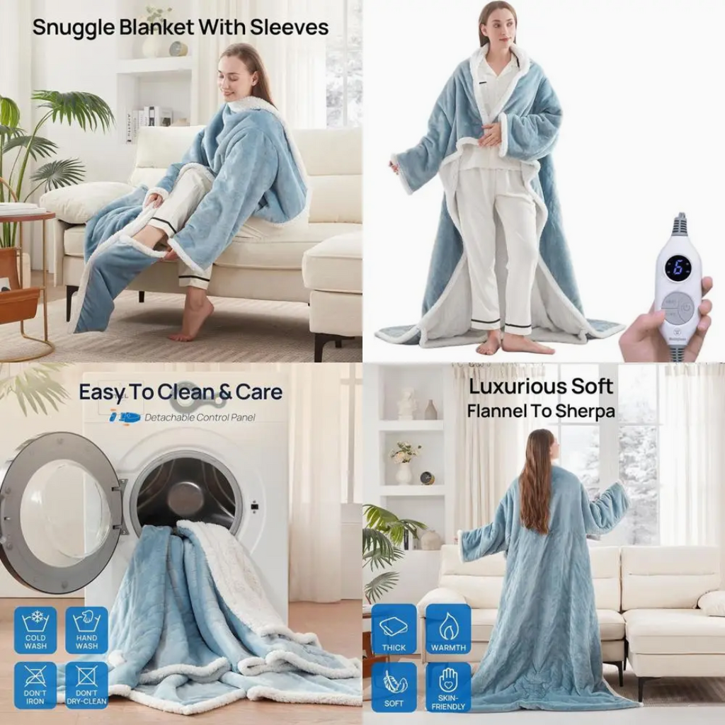 Ultra-Soft Wearable Blanket with Sleeves & Foot Pocket – 6 Heat Levels