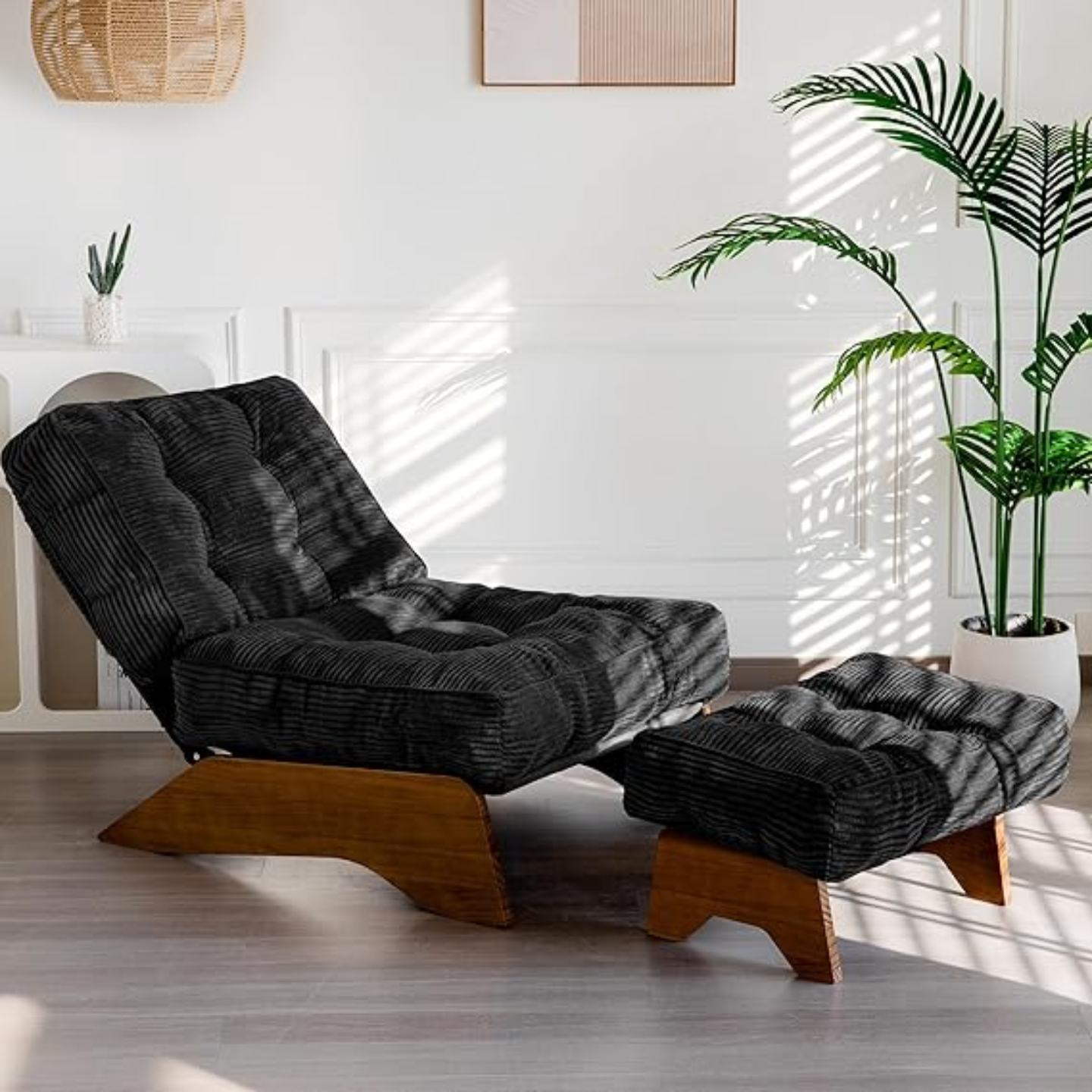 Accent Chair with Ottoman Adjustable Backrest, Tufted Living Room Chair Upholstered Lounge Chair with Footrest Set, Modern Chair Cozy Reclining Chair for Reading Room, Dark Grey