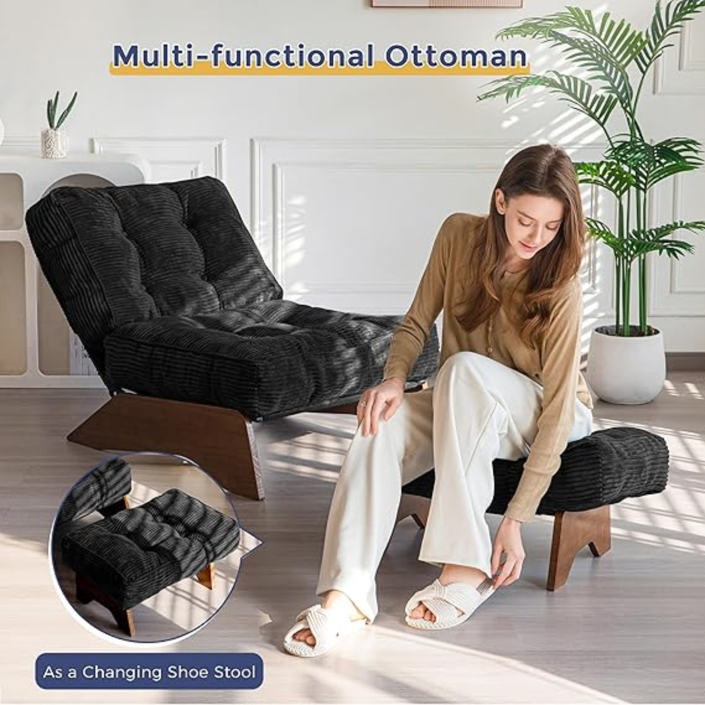 Accent Chair with Ottoman Adjustable Backrest, Tufted Living Room Chair Upholstered Lounge Chair with Footrest Set, Modern Chair Cozy Reclining Chair for Reading Room, Dark Grey